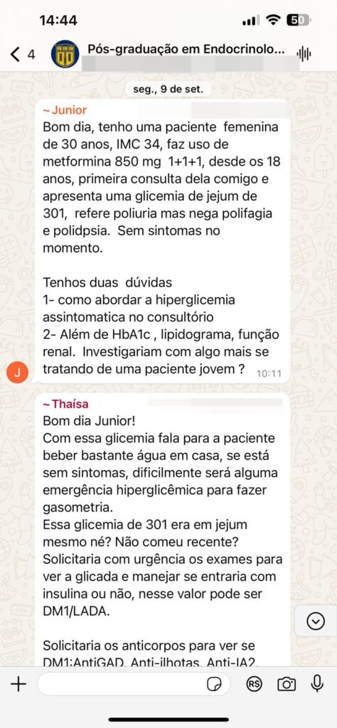 Prints do grupo de suporte entre médicos no WhatsApp