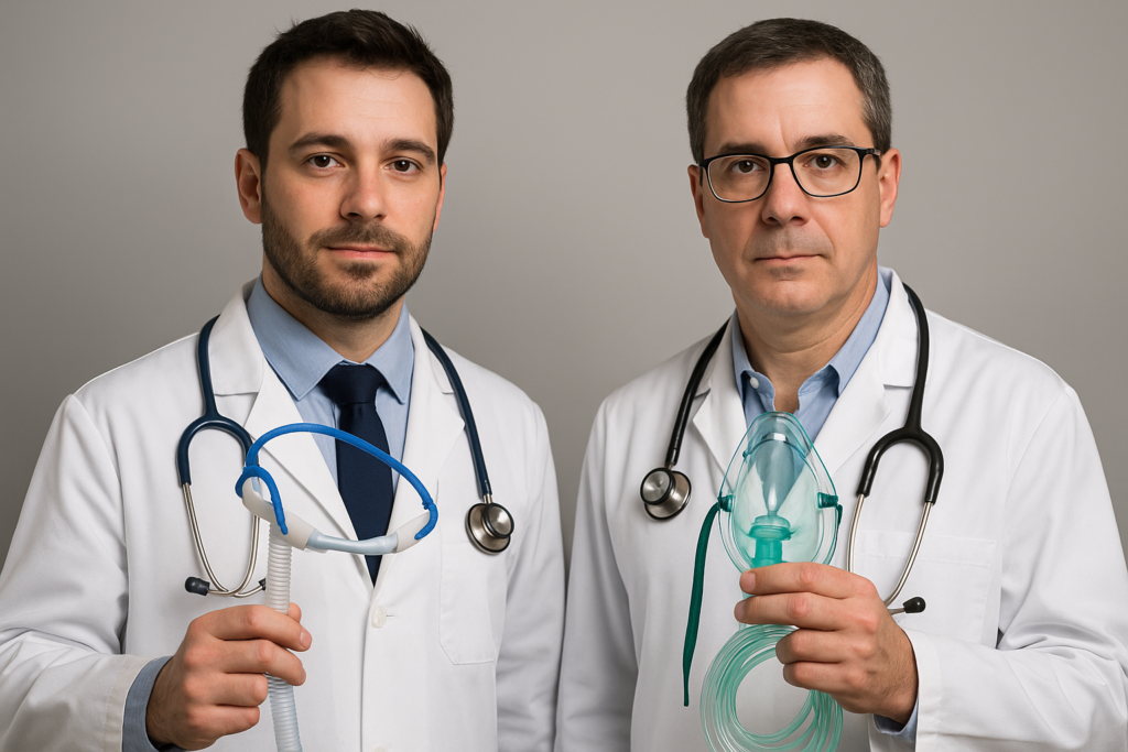 Dois médicos, um segurando um cateter, outro, uma máscara