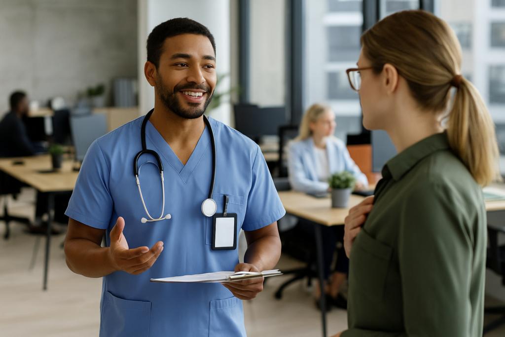 Médico falando com paciente em ambiente de trabalho