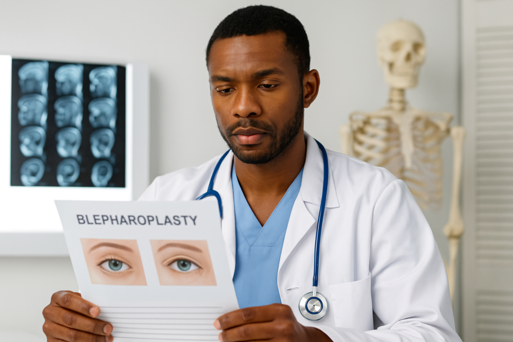 Médico estudando sobre blefaroplastia