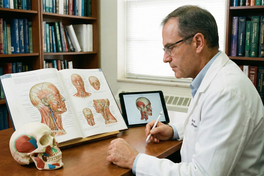 Médico estudando anatomia detalhada da região craniofacial e cervical