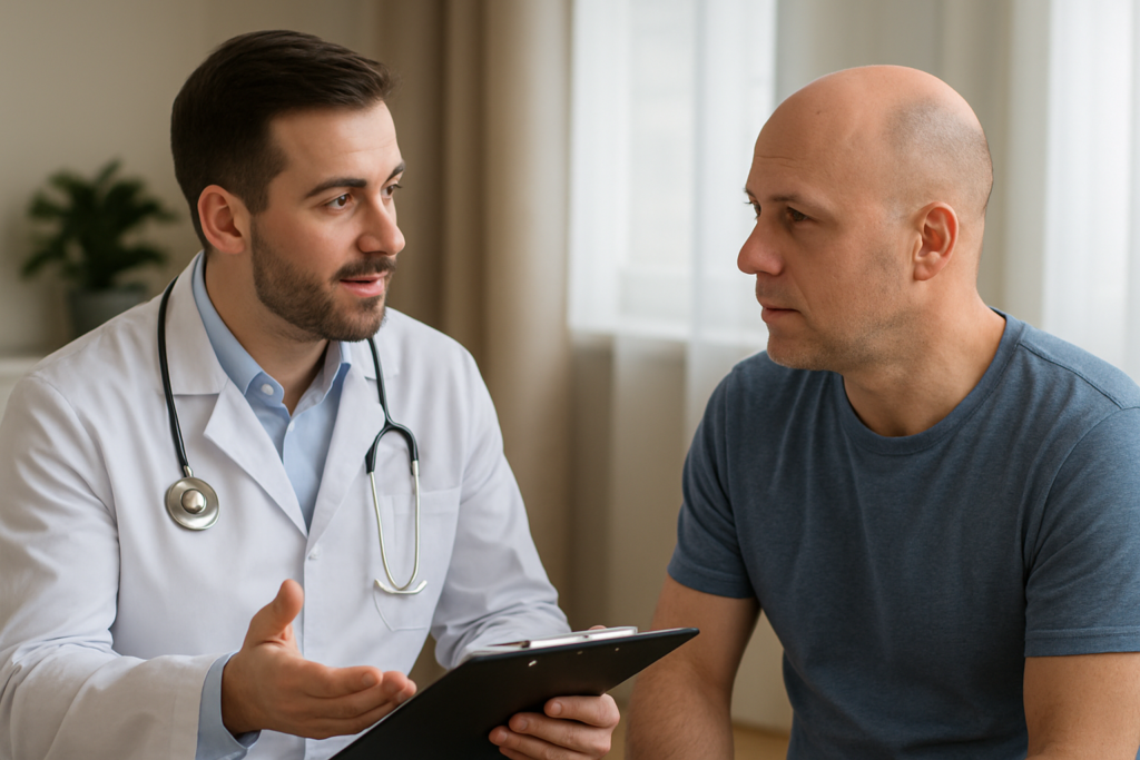 Paciente modelo conversando com médico
